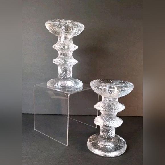 Vintage Iittala Festivo 2 Ring Clear Glass Candle Holders Timo Sarpaneva MCM